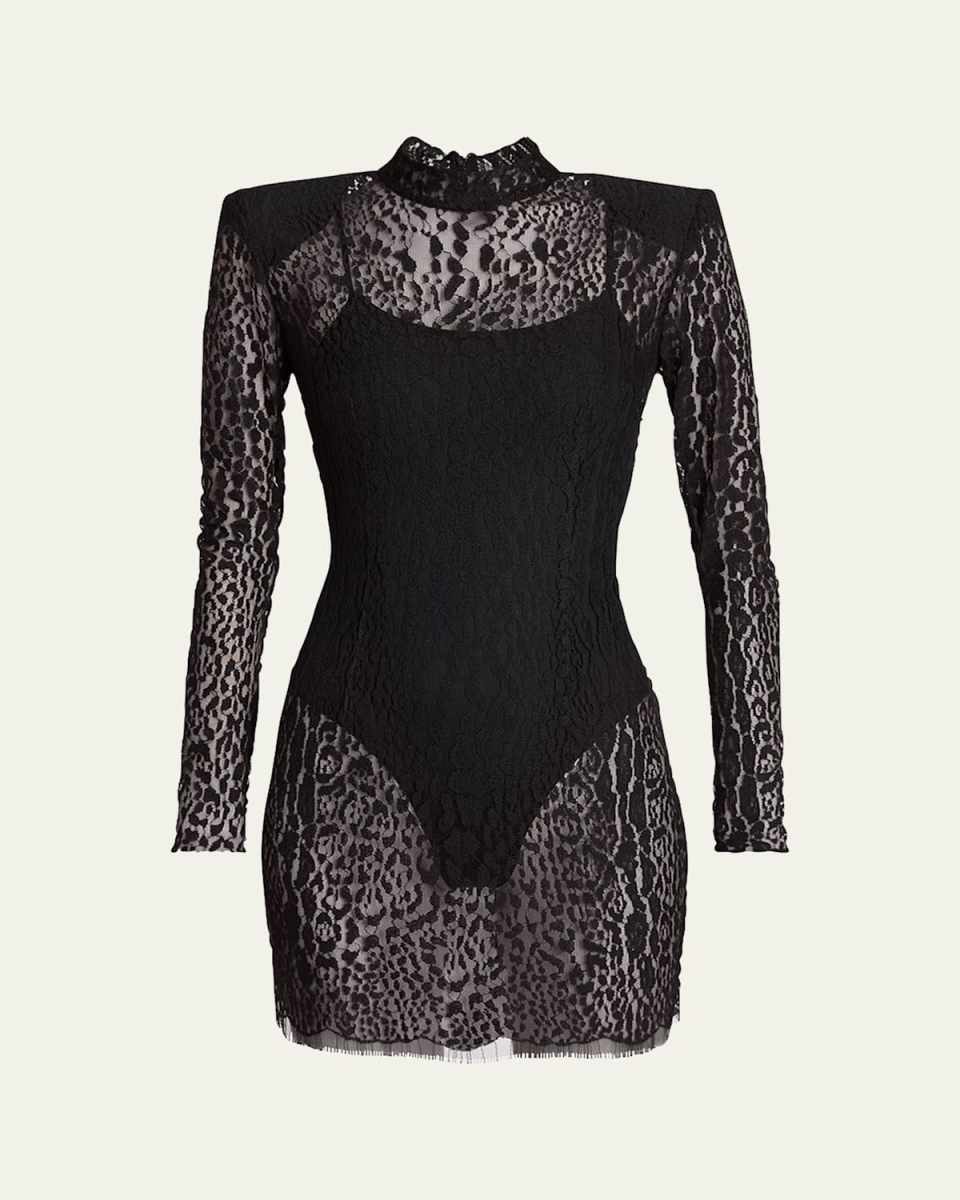 Leopard Lace Strong-Shoulder Mini Dress